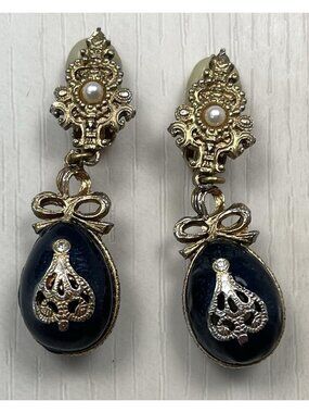 VTG Goldtone Teal Clip-On Dangle Egg EARRINGS Baroque Statement Faux Pearl